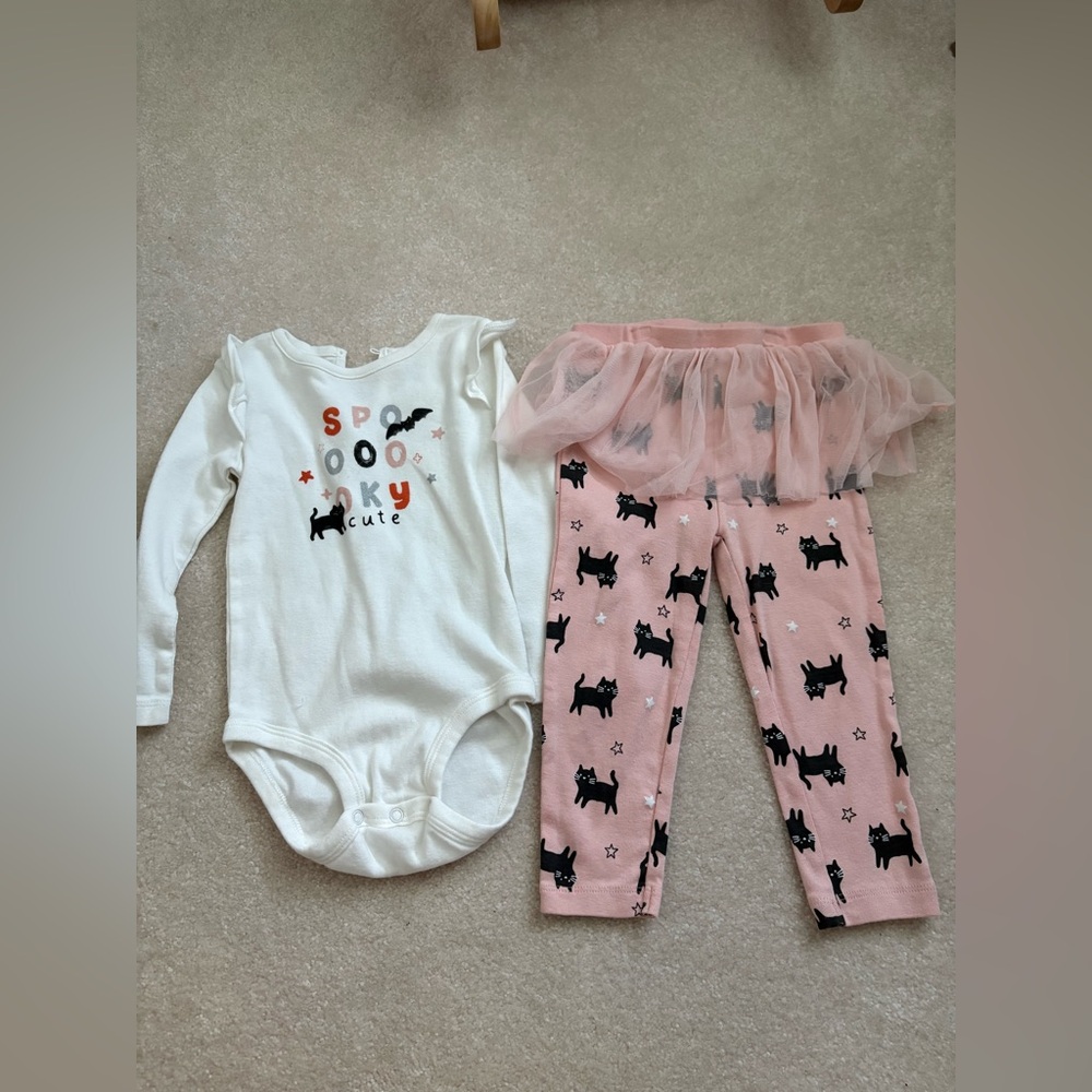 Carter's White Bodysuit with Pink Cat Print Leggings and Tulle Tutu